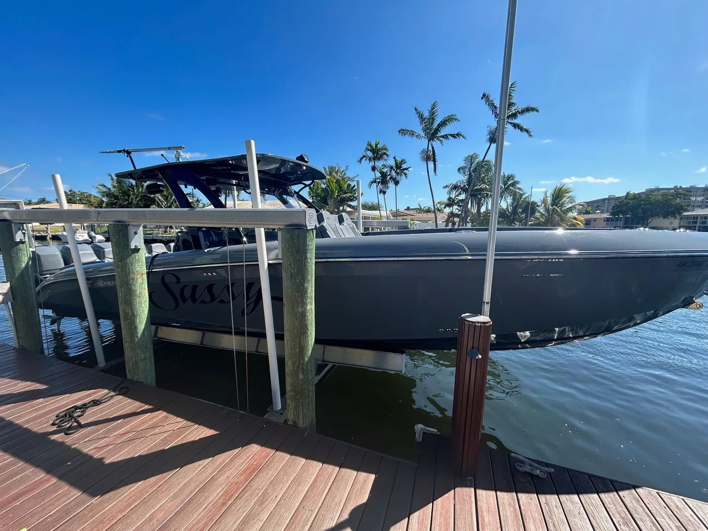 Large boat stored on a four-post boat lift